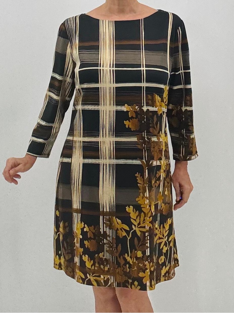 Liz Claiborne Classic Fall Autumn Leaf Print Windowpane Career Work Shift Dress - Picture 2 of 10